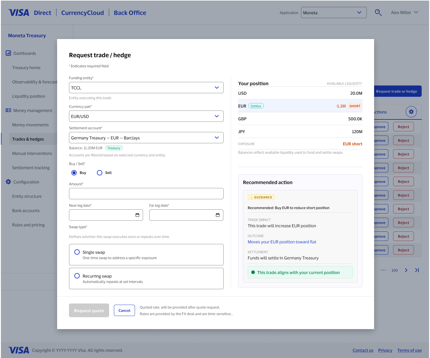 Production: request trade or hedge modal with position guidance